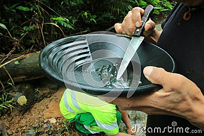 Someone picking a golden flake out a gold pan with a knife Stock Photo