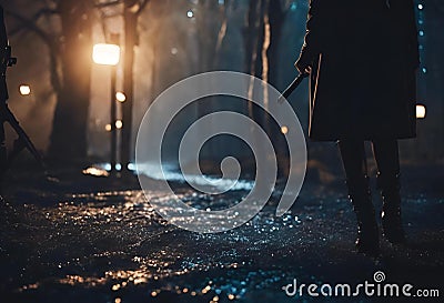 someone walking in the rain at night holding a gun and a knife Cartoon Illustration