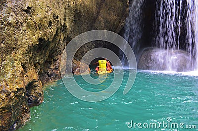 Somerset Falls - a waterfall and blue lagoon in Port Antonio, Jamaica Editorial Stock Photo