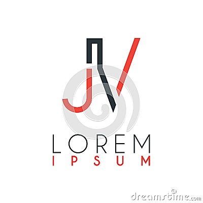 The logo between the letter J and letter V or JV with a certain distance and connected by orange and gray color Vector Illustration