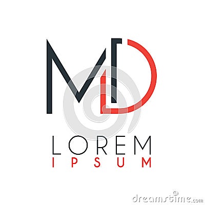 The logo between the letter M and letter D or MD with a certain distance and connected by orange and gray color Vector Illustration