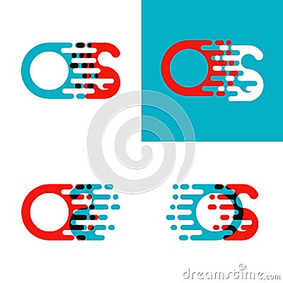 OS letters logo with accent speed in red and blue Vector Illustration