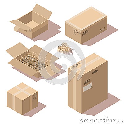 Sometric brown cardboard delivery package boxes Vector Illustration
