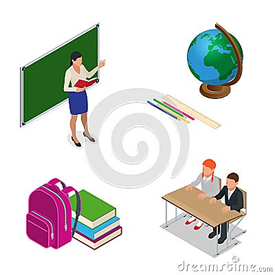 Sometric School lesson. Little students and teacher. Isometric Classroom with green chalkboard, teachers desk, pupils Vector Illustration