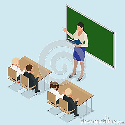 Sometric School lesson. Little students and teacher. Isometric Classroom with green chalkboard, teachers desk, pupils Vector Illustration