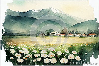 Somewhere in Alps. Watercolor painting. Stock Photo