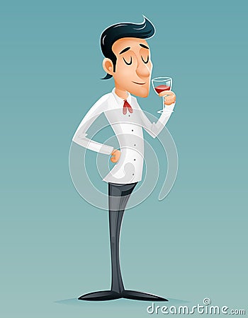 Sommelier Cartoon Gentleman Savor Drink Glass Relish Brew Wine Alcohol Icon Retro Vintage Cartoon Design Vector Vector Illustration