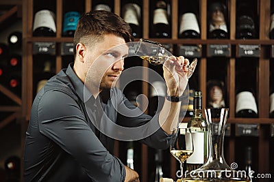 Sommelier looking at wine glass with beverage Stock Photo