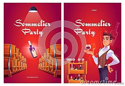 Sommelier party cartoon posters, invitation flyers Vector Illustration