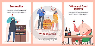 Sommelier or Stewards Wine Degustation Banners. Restaurant Expert Characters Serving Drinks, Provide Wine Service Vector Illustration