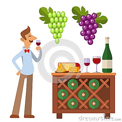 Sommelier in suite looking at red wine in glass professional alcohol restaurant man character vector illustration. Vector Illustration