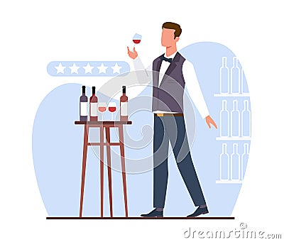 Sommelier tastes wine from glass, assessing its quality. Grape alcohol beverage. Man hold wineglass. Professional expert Vector Illustration