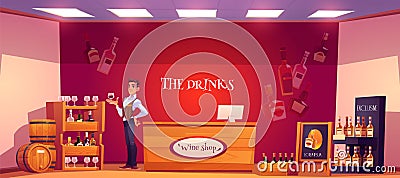 Sommelier in wine store holding wineglass in hand Vector Illustration