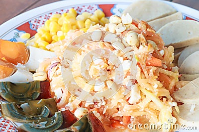Somtam. Thai food papaya salad and eggs corn. Stock Photo