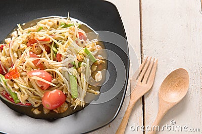 Somtum Thai food on wooden table Stock Photo