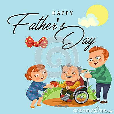 Son and daughter care disable parent, dad sitting in wheelchair, happy fathers day background, senior handicap man woman Vector Illustration