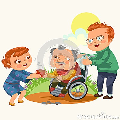 Son and daughter care disable parent, dad sitting in wheelchair, happy fathers day background, senior handicap man woman Vector Illustration