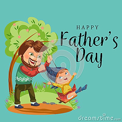Son and daughter care disable parent, dad sitting in wheelchair, happy fathers day background, senior handicap man woman Vector Illustration