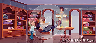 Son and father at home library. Son and busy dad Vector Illustration