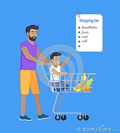 Son and Father Making Purchases by Shopping List Vector Illustration