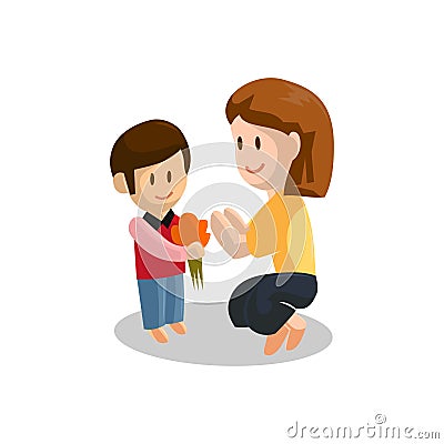 Son give Young mother Flower . Happy Mothers Day concept with mom and Son . Vector illustration Vector Illustration