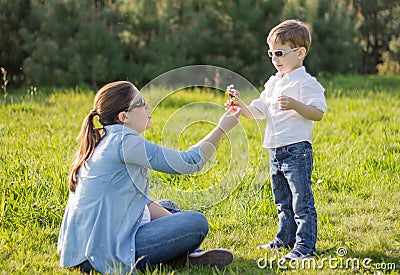 Son giving a bouquet of flowers to his pregnant mother in a field Stock Photo