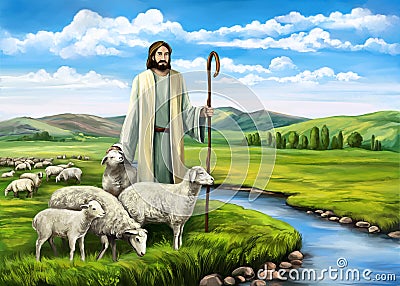 Son of God, the Lord is my shepherd, Jesus Christ with a flock of sheep, symbol of Christianity hand drawn art Cartoon Illustration