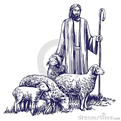 Son of God, the Lord is my shepherd, Jesus Christ with a flock of sheep, symbol of Christianity hand drawn vector Vector Illustration