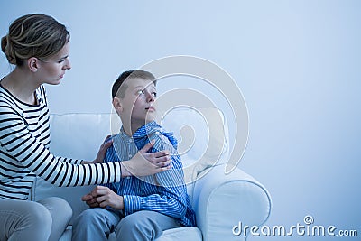 Son has panic attack Stock Photo