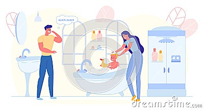 Son Having Bath with Duck, Mother Washing Child. Vector Illustration