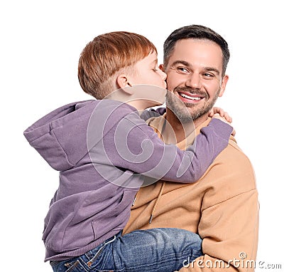 Son hugging and kissing father on white background Stock Photo