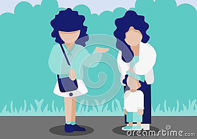 Son and Mother talk with her friend recommend something in park Vector Illustration