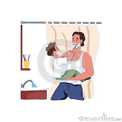 Son shaving father with razor. Kid imitating dad and applying foam. Daddy and child play and have fun together during Vector Illustration