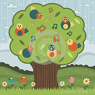 Song bird tree Vector Illustration