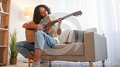 Song learning guitar playing woman music string Stock Photo