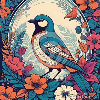 Songbird and flowers illustration Stock Photo