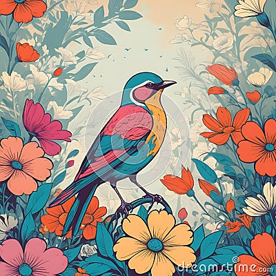 Songbird and flowers illustration Stock Photo