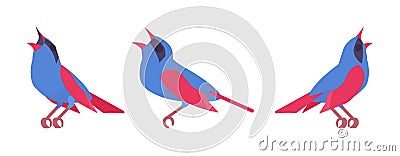 Songbird red and blue set, beautiful singing little musical birds Vector Illustration