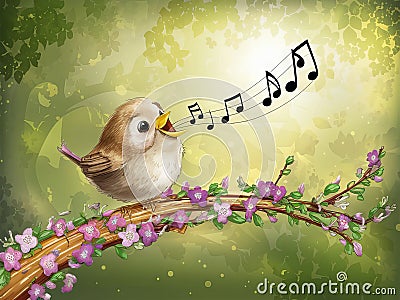 Songbird singing on branch Cartoon Illustration