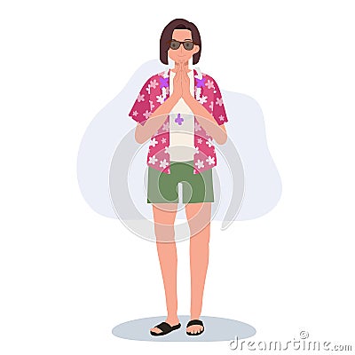 Songkarn Festival Concept. Joyful Woman in Hawaii Shirt Welcoming Sawasdee Vector Illustration