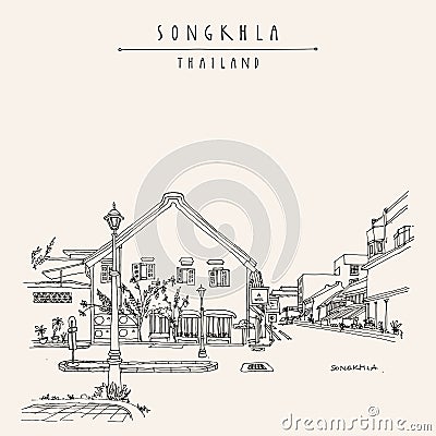 Vector Songkhla, Thailand postcard. China Town. Old town Chinese houses, lamppost street view. Historical buildings in Songkhla Stock Photo
