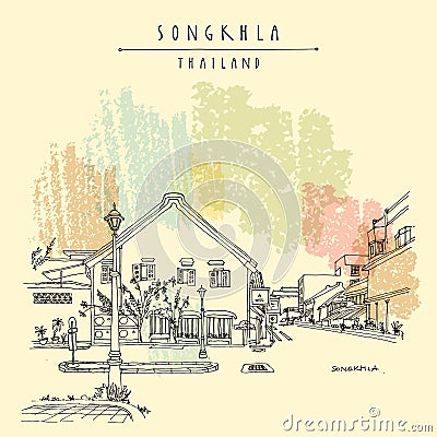 Vector Songkhla, Thailand postcard. China Town. Old town Chinese houses, lamppost street view. Historical buildings in Songkhla Stock Photo