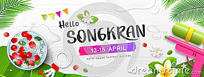 Songkran festival in thailand bowl and gun water, banana leaf, thai flowers on white wood background Vector Illustration