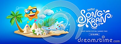 Songkran festival thailand, Thai flowers in a water bowl, splashing, sun smile, sand pagoda, cloud sky banner Vector Illustration