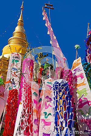 Songkran flags with pagoda Stock Photo