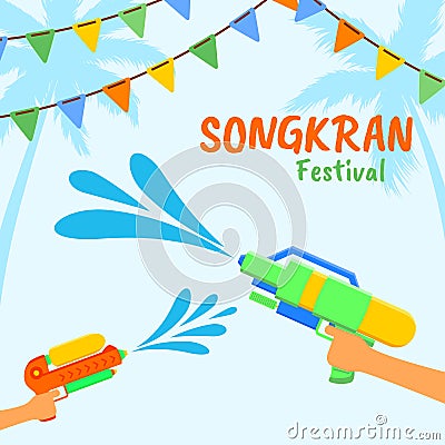 Songkran or Water Festival of Thailand. Illustration with water guns and splash water. Vector Illustration