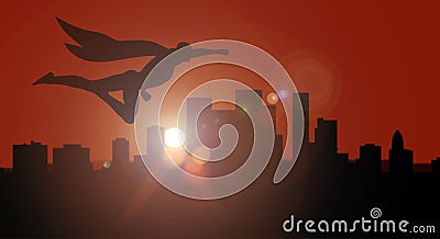 Superhero silhouette side view flying over city at sunset or sunrise overwatching Stock Photo