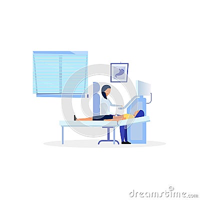 Sonographer examining digestive system flat vector illustration. Doctor, therapist doing diagnostic abdominal ultrasound procedure Vector Illustration