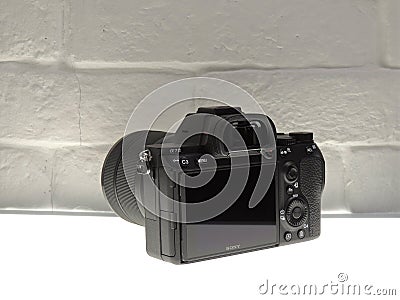 Sony Alpha 7 mark 3 with 28-70mm lens black. Editorial Stock Photo