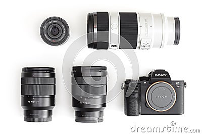 Sony Alpha mirrorless camera and E-mount lenses Editorial Stock Photo